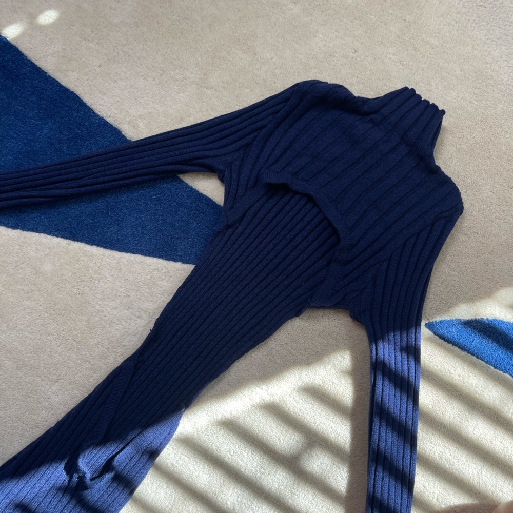 Backless Shape Navy Blue Ribbed Knit Jumpsuit